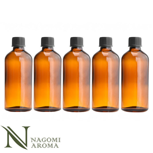 遮光ビン 100ml（アンバー） 5本セット 黒キャップ＆ヴァーティカルドロッパー 【 遮光瓶 ガラス瓶 薬瓶 保存 アロマオイル エッセンシャルオイル 精油 キャリアオイル 香水 手作り コスメ ハンドメイド 蓋付 茶色 】