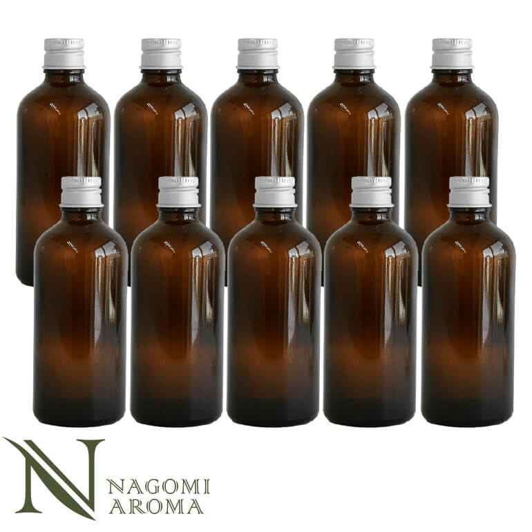 遮光ビン 100ml（アンバー） 10本セットシルバーキャップ　ヴァーティカルドロッパー 【 遮光瓶 ガラス瓶 薬瓶 保存 アロマオイル エッセンシャルオイル 精油 キャリアオイル フレグランスオイル 香水 手作り コスメ 蓋付 茶色 】