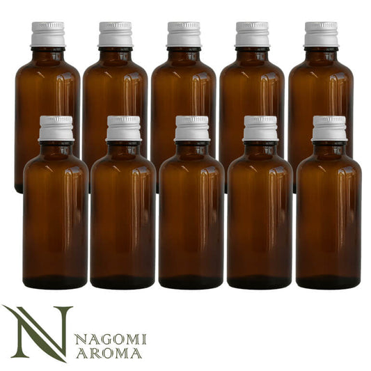 遮光ビン 50ml（アンバー） 10本セットシルバーキャップ　ヴァーティカルドロッパー 【 遮光瓶 ガラス瓶 薬瓶 保存 アロマオイル エッセンシャルオイル 精油 キャリアオイル 香水 手作り コスメ ハンドメイド 蓋付 茶色 】