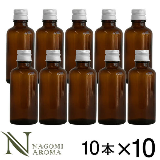 遮光ビン 50ml（アンバー） 100本セット シルバーキャップ　ヴァーティカルドロッパー 【送料無料】 【 遮光瓶 ガラス瓶 薬瓶 保存 アロマオイル エッセンシャルオイル 精油 キャリアオイル 香水 手作り コスメ 蓋付 茶色 】