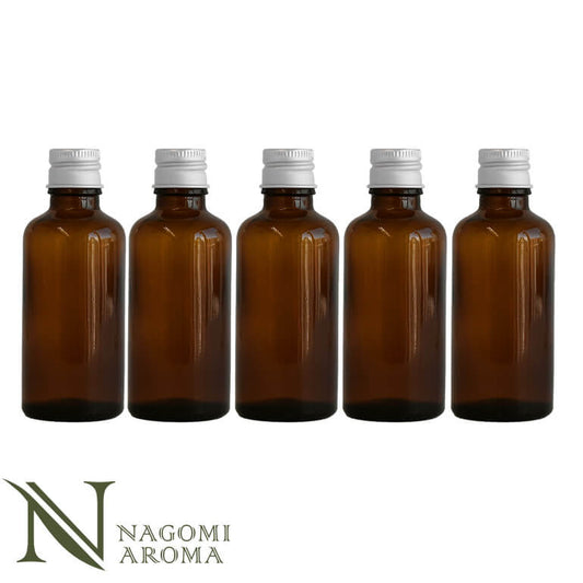 遮光ビン 50ml（アンバー） 5本セット シルバーキャップ　ヴァーティカルドロッパー 【 遮光瓶 ガラス瓶 薬瓶 保存 アロマオイル エッセンシャルオイル 精油 キャリアオイル 香水 手作り コスメ ハンドメイド 蓋付 茶色 】