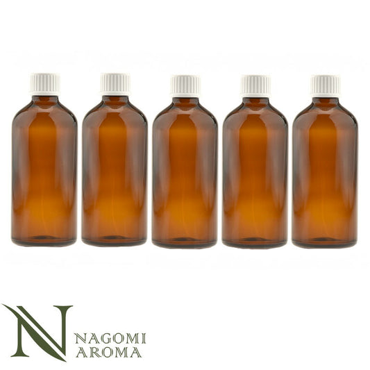 遮光ビン 100ml（アンバー） 5本セット 白キャップ＆ヴァーティカルドロッパー 【 遮光瓶 ガラス瓶 薬瓶 保存 アロマオイル エッセンシャルオイル 精油 キャリアオイル 香水 手作り コスメ ハンドメイド 蓋付 茶色 】