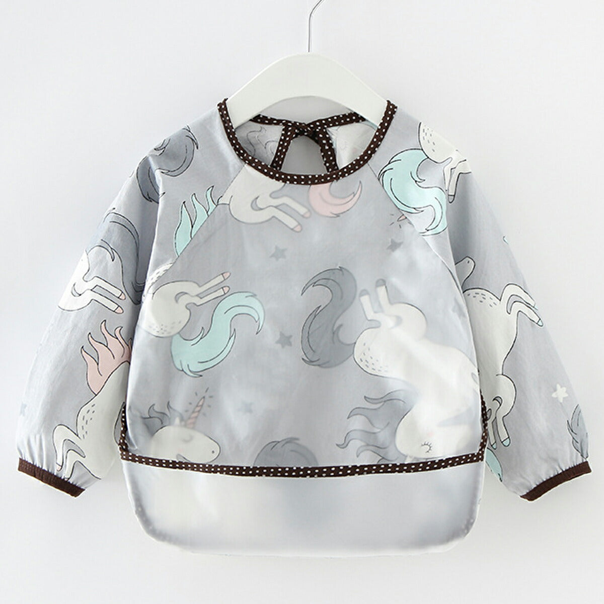 Poodle お食事エプロン 長袖 食事用エプロン 離乳食 エプロン 撥水加工 ロング 保育園 幼稚園 防水 洗濯機 おしゃれ お洒落 可愛い かわいい お食事スタイ 食べこぼし ポケット 防汚 ポケット付き 子供 こども 男の子 女の子 調節紐付き 送料無料(ユニコーングレー,100)