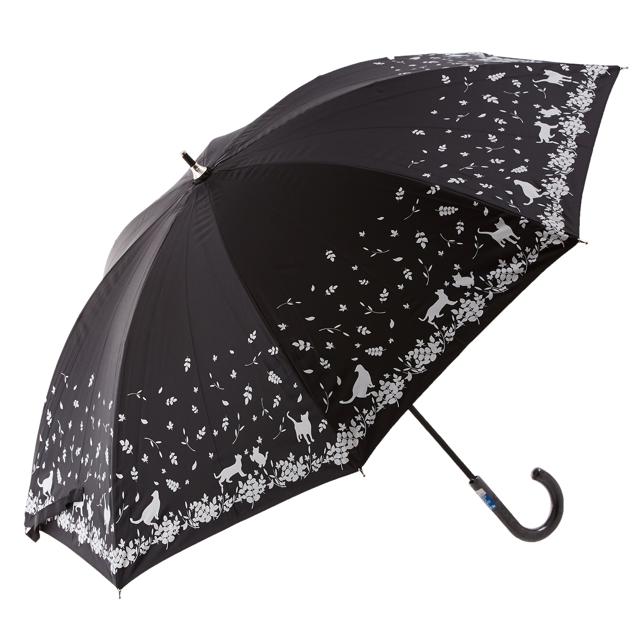 【6478.ネコ＆葉っぱ】 晴雨兼用傘 47cm ATTAIN アテイン  通販 日傘 手開き 8本骨 47センチ レディース 婦人用 紫外線対策 UV対策 黒 ブラック シルバーコーティング 紫外線対策 UV対策