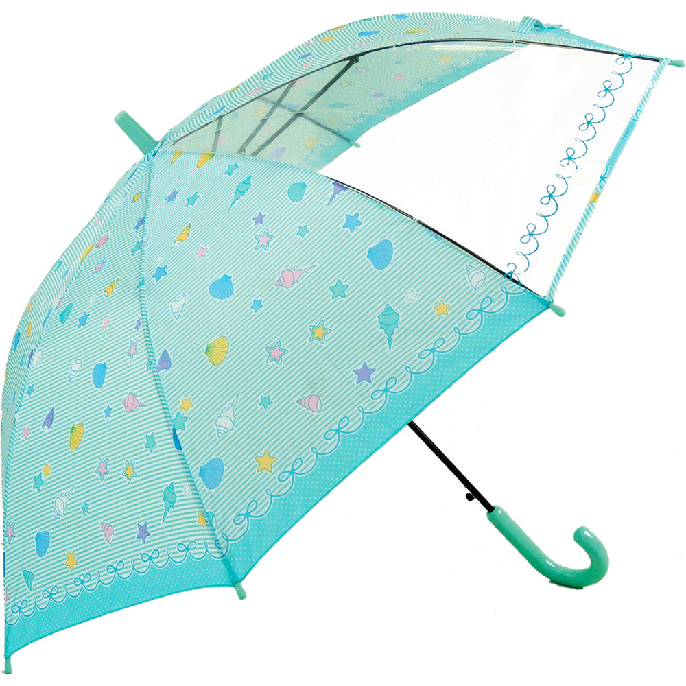 【1353シェルグリーン】 傘 子供 55cm 通販 キッズ 55 おしゃれ キッズ傘 55センチ かわいい ジャンプ傘 長傘 雨傘 かさ カサ 透明窓付き 子供用 子ども 女の子 女子 女児 ガール 小学生 小学校 通学 児童 1コマ