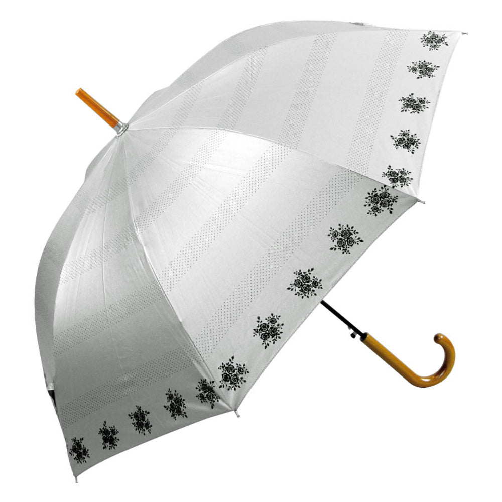 【ドットローズシルバー・長傘58cm】 日傘 フリル 通販 58cm レディース ジャンプ傘 晴雨兼用 UVカット 遮光 ワンタッチ傘 ジャンプ  ワンタッチ 折れにくい 雨傘 傘 長傘 グラスファイバー 親骨 ATTAIN アテイン 晴雨兼用傘