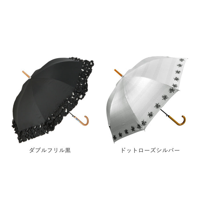 【ドットローズシルバー・長傘58cm】 日傘 フリル 通販 58cm レディース ジャンプ傘 晴雨兼用 UVカット 遮光 ワンタッチ傘 ジャンプ  ワンタッチ 折れにくい 雨傘 傘 長傘 グラスファイバー 親骨 ATTAIN アテイン 晴雨兼用傘