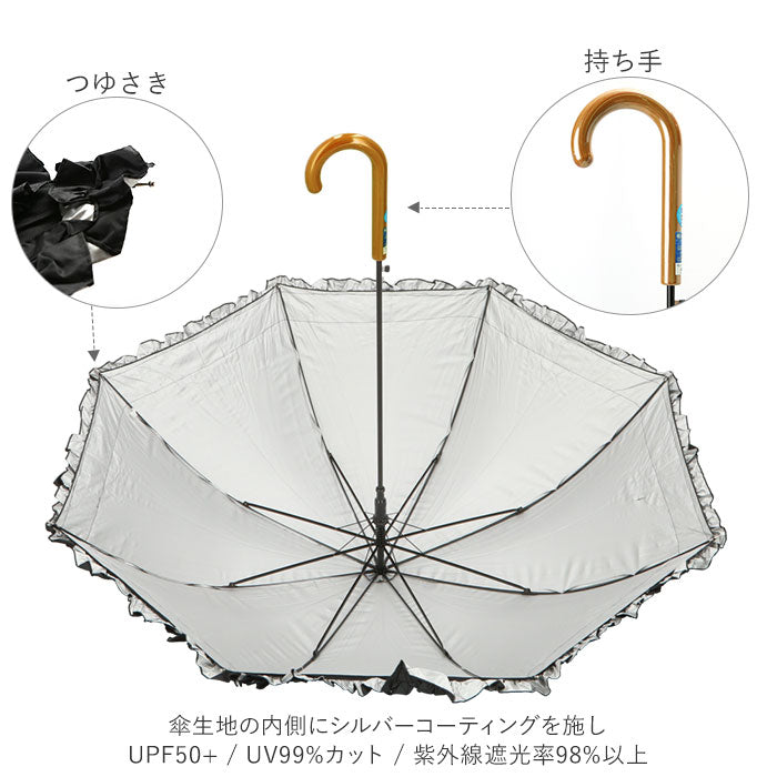 【ドットローズシルバー・長傘58cm】 日傘 フリル 通販 58cm レディース ジャンプ傘 晴雨兼用 UVカット 遮光 ワンタッチ傘 ジャンプ  ワンタッチ 折れにくい 雨傘 傘 長傘 グラスファイバー 親骨 ATTAIN アテイン 晴雨兼用傘