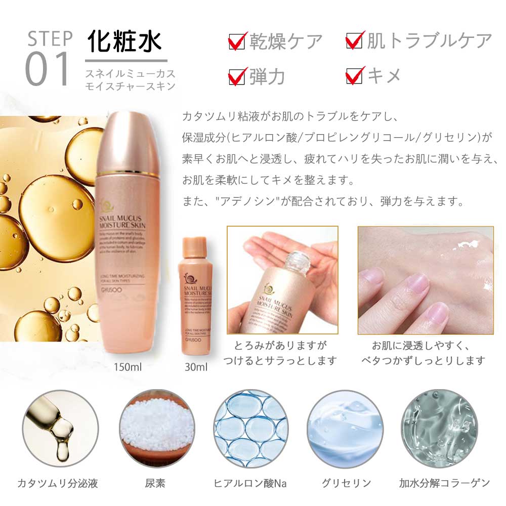 【5人シェア買いでお得】【韓国コスメ】GYUSOO グシュ スキンケアセット スキンケア5点セット カタツムリ 化粧水 乳液 クリーム SET コフレ セット 韓国スキンケア コスメセット スネイル 化粧品 セット 高レビュー 人気 ギフト プレゼント コスメ 化粧品 美容宅配便 送料無料
