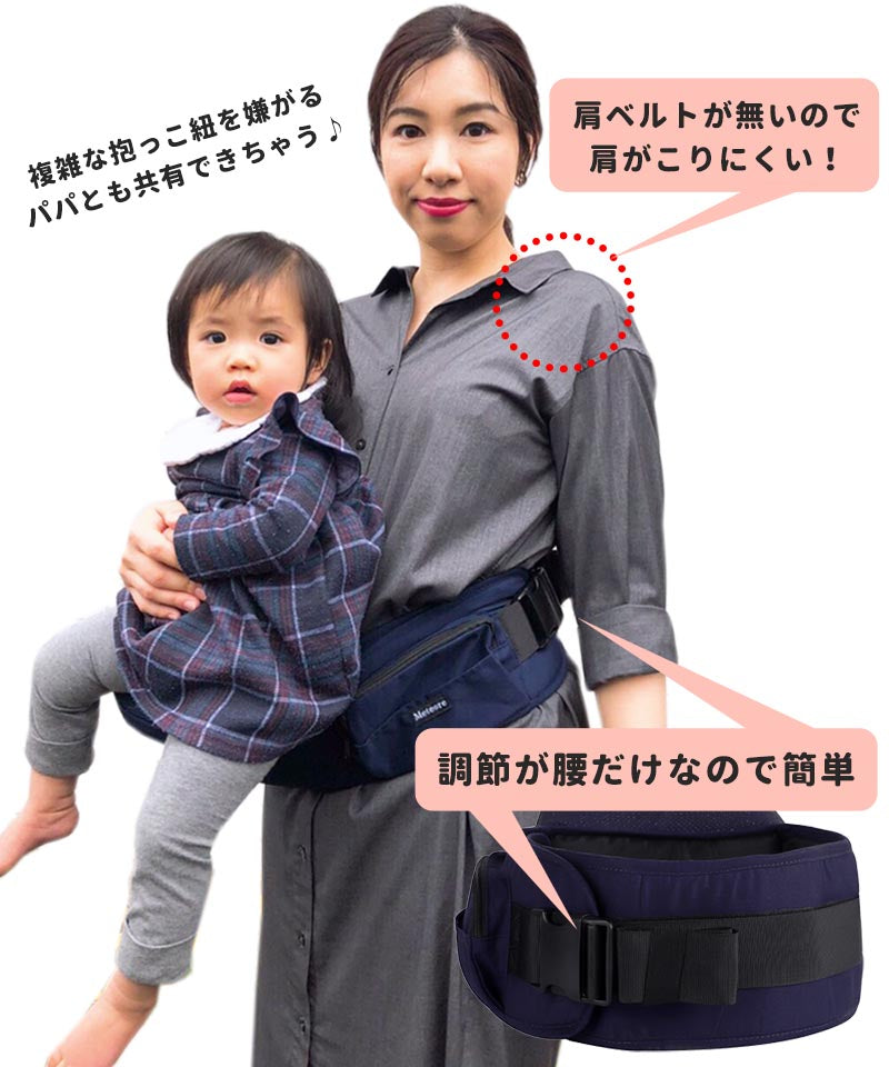 ヒップシート 抱っこ紐 新生児 ショルダーバッグ ウエストキャリー ベビーキャリア ウエストポーチ 腰ベルト 調整可 小物ポケット 赤ちゃん ネイビー