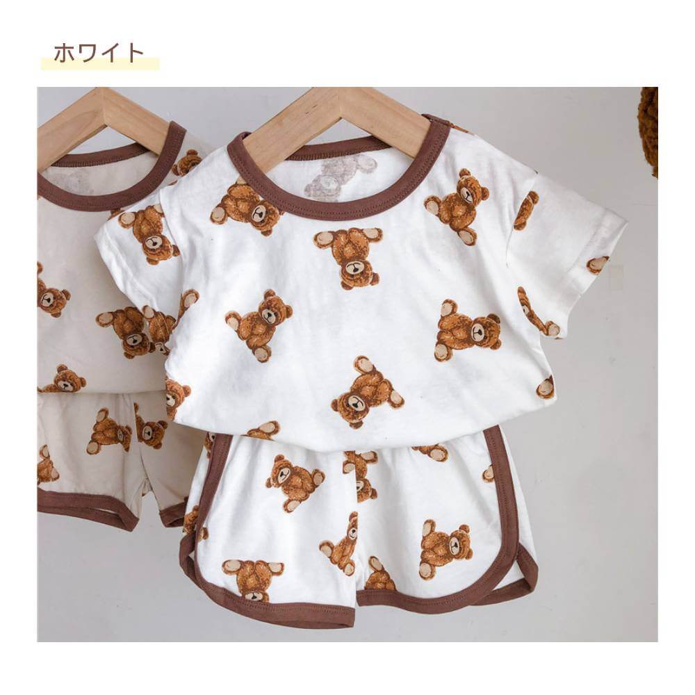 【ベージュ100cm】 パジャマ キッズ ベビー 子供服 男の子 女の子 クマ くま テディベア パジャマ 部屋着 寝巻 半袖 短パン 夏 セットアップ 上下セット かわいい おしゃれ 韓国　韓国子供服