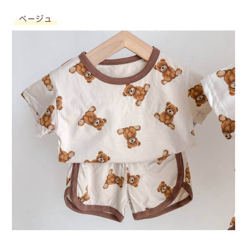 【ベージュ100cm】 パジャマ キッズ ベビー 子供服 男の子 女の子 クマ くま テディベア パジャマ 部屋着 寝巻 半袖 短パン 夏 セットアップ 上下セット かわいい おしゃれ 韓国　韓国子供服