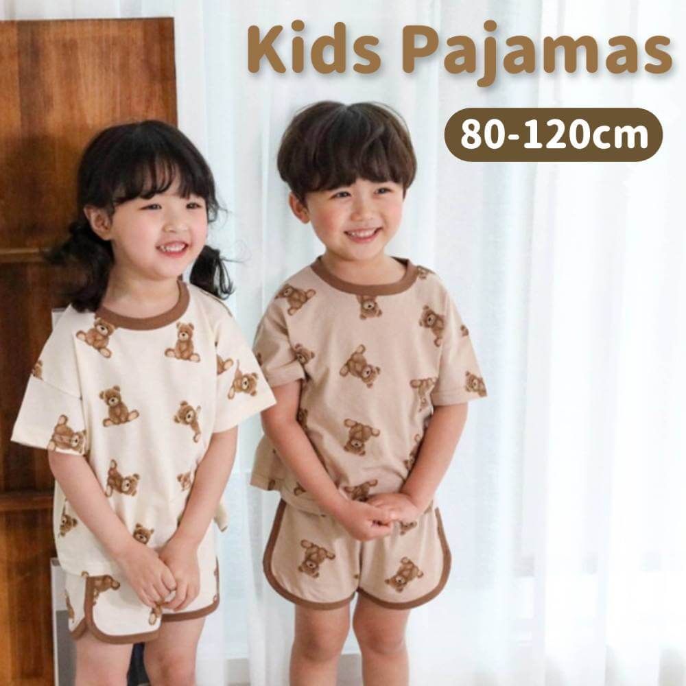 【ベージュ100cm】 パジャマ キッズ ベビー 子供服 男の子 女の子 クマ くま テディベア パジャマ 部屋着 寝巻 半袖 短パン 夏 セットアップ 上下セット かわいい おしゃれ 韓国　韓国子供服