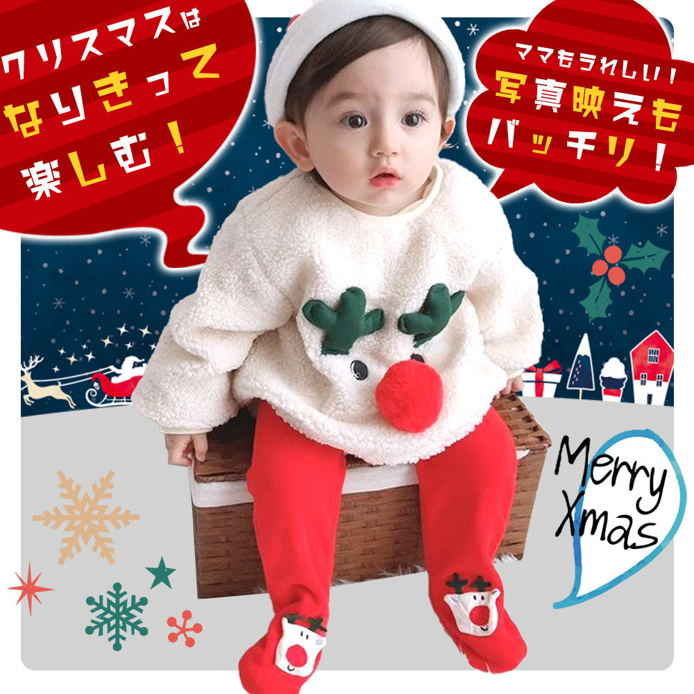 【80cm】 サンタ コスプレ クリスマス トナカイ 着ぐるみ ロンパース 3点セット ベビー コスチューム ベビー服 赤ちゃん 写真撮影用 キッズ 誕生記念 新生児服 サンタクロース あったか カバーオール 男の子 女の子