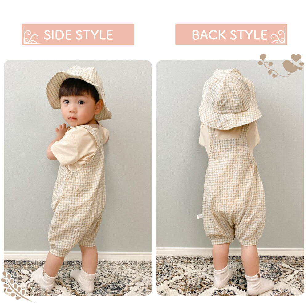 【ブラウン66cm】 ベビー キッズ  3点セット 帽子 Tシャツ サロペット 夏 コーディネート 服 ロンパース ナチュラル くすみカラー 男の子 女の子 ギフト プレゼント