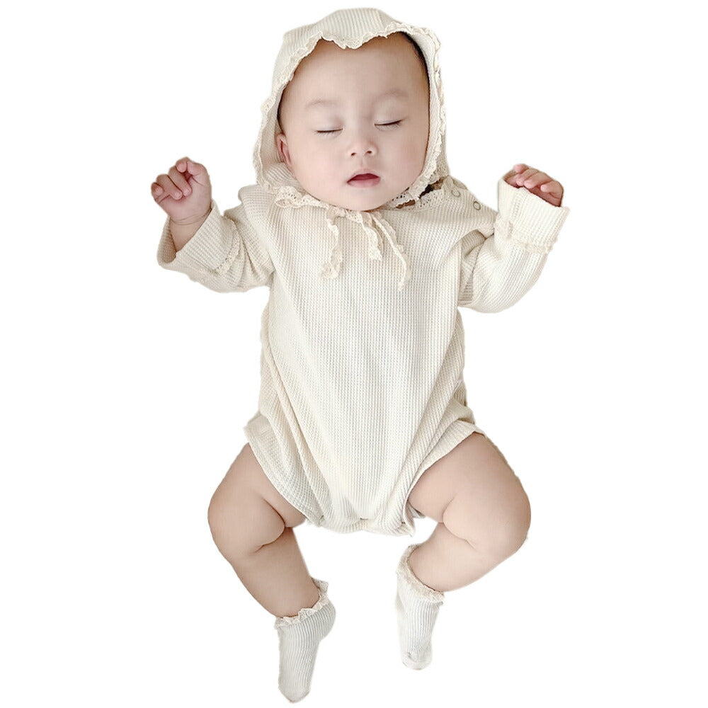 【ホワイト73cm】 ロンパース ワッフルロンパース ベビー 赤ちゃん 新生児 ベビー服 セレモニードレス ナチュラル 退院着 お宮参り ボンネット 韓国子供服 出産祝い 66 73 80 90