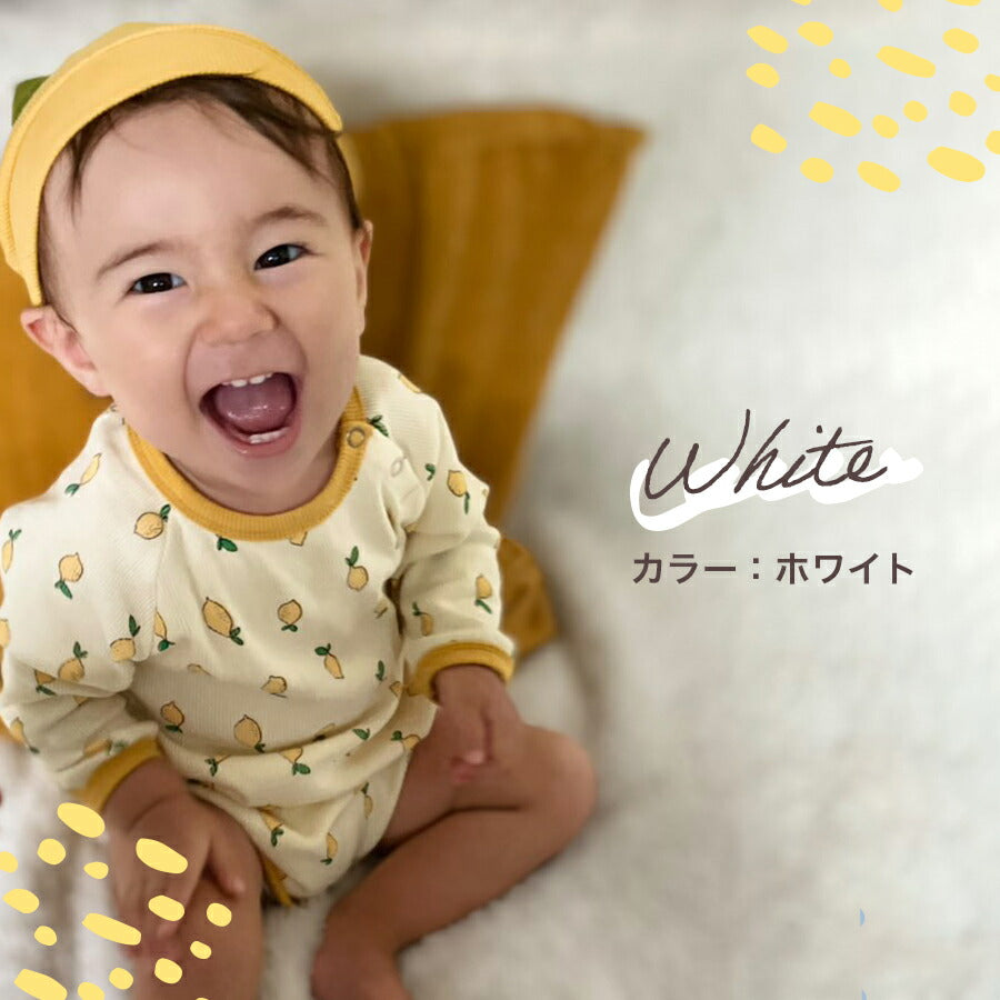 【ホワイト73cm】 ロンパース レモン 長袖 帽子 2点セット カジュアル ベビー服 子供服 60cm 70cm 80cm 90cm ブルー ホワイト コットン アニバーサリーフォト リブ ナチュラル 出産祝い 記念日 ギフト