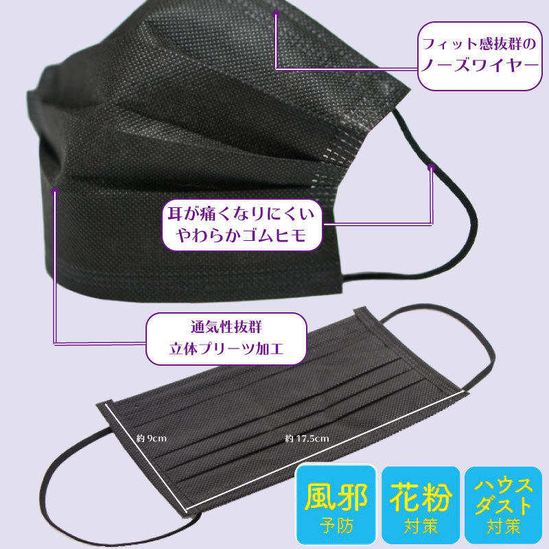 マスク 不織布 3層 50枚 ブラック 送料無料