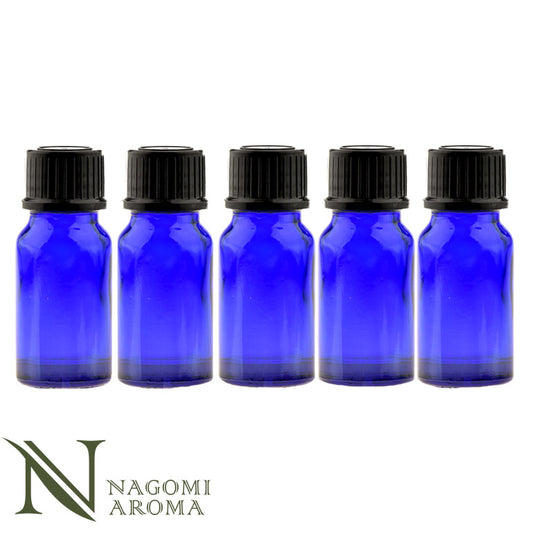 遮光ビン 10ml（ブルー） 5本セット 黒キャップ＆ヴァーティカルドロッパー 【 遮光瓶 ガラス瓶 薬瓶 調合　保存 アロマオイル エッセンシャルオイル 精油 キャリアオイル 香水 手作り コスメ ハンドメイド 蓋付 コバルト 】
