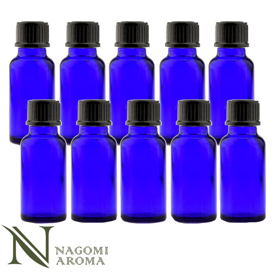 遮光ビン 20ml（ブルー） 10本セット 黒キャップ＆ヴァーティカルドロッパー 【 遮光瓶 ガラス瓶 薬瓶 保存 アロマオイル エッセンシャルオイル 精油 キャリアオイル 香水 手作り コスメ ハンドメイド 蓋付 コバルト 】