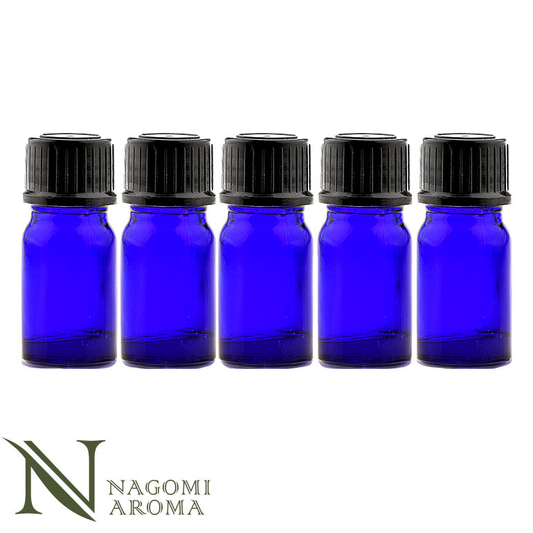 遮光瓶 遮光ビン 5ml （ブルー）× 5本 セット 黒キャップ＆ヴァーティカルドロッパー 【 アロマオイル エッセンシャルオイル ガラス瓶 蓋付 コバルト キャリアオイル フレグランスオイル 精油 香水 手作り コスメ ハンドメイド 】