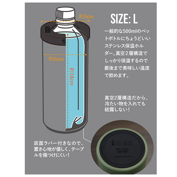 【グレー・BOT.GOMUG】 go mug 通販 l サイズ ペットボトル ホルダー 保温 保冷 おしゃれ かわいい 500ml タンブラー ステンレス BBQ アウトドア プレゼント ギフト コップ 結露 しない