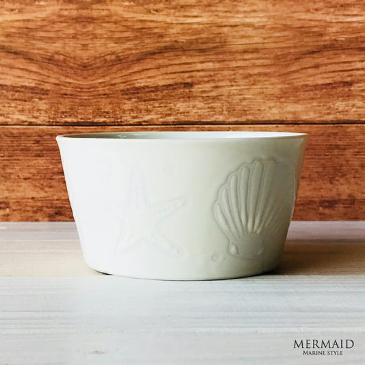 MERMAIDボウルS ホワイト 直径10.6cm 白 アイボリー ボール 小鉢 サラダ デザートカップ 海の食器 海の家 白い食器 マリン マーメイド 貝殻 海星 サンゴ おしゃれ インスタ映え 西海岸風 国産 電子レンジOK 食洗機OK   陶器のふる里  trysケ