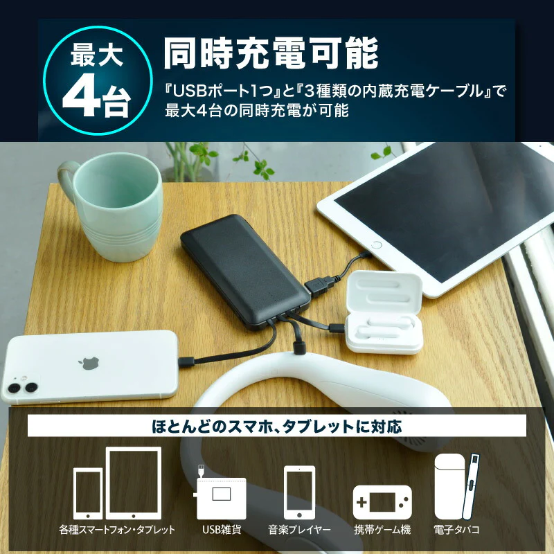 (ホワイト）モバイルバッテリー 10000mAh【PSE安全認証済】 4本ケーブル付き 4台同時充電可 5V 2A 薄型 軽量 大容量 送料無料 4本ケーブル内蔵 iphone type-c microUSB 急速充電 スマホ充電器 持ち運び便利 防災グッズ