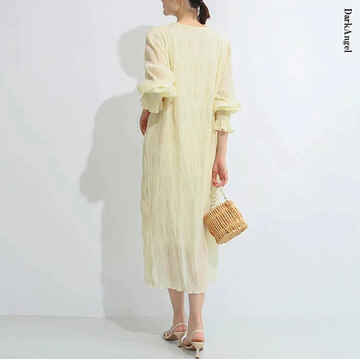 【超得ハイパーSALE】シャーリングシフォンワンピース（アイボリー/長袖/Lサイズ）