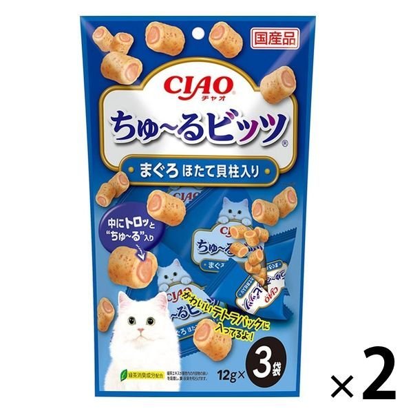 【たっぷり2袋+おまけ付き！】いなば 　CIAO　 チャオ ちゅーる　ビッツ キャットフード 猫 まぐろ ほたて貝柱入り 国産（12g×3袋）