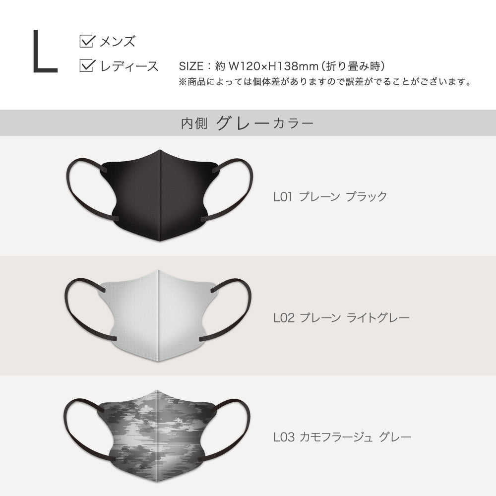 【L／ライトグレー】MASCODE 3D 立体 マスク 5袋35枚 セット マスコード 不織布 男性 メンズ グレー 送料無料【シェア買いなら2500円！】