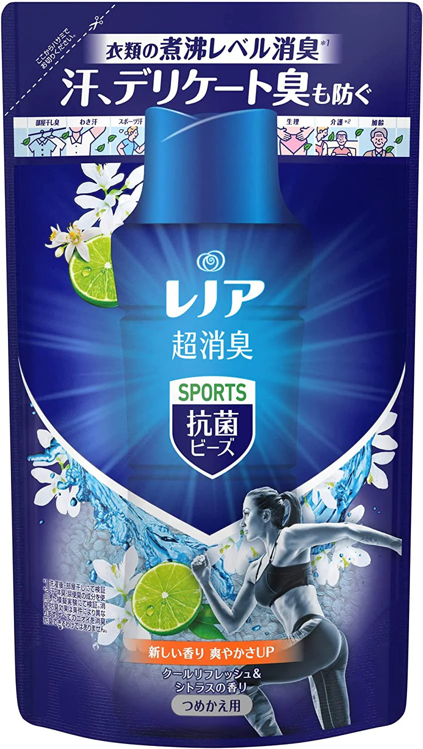 　レノア 超消臭+ 抗菌ビーズ スポーツ クールリフレッシュ&シトラス 詰め替え 430mL　青