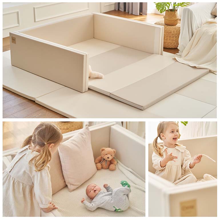 サークルマット 120×140×40cm ベージュ ベビーサークル ベビーゲート プレイヤード 大きい プラスチック ベージュ 赤ちゃんマット リバーシブル お昼寝 防水 防音 大判 折りたたみ フロアマット ベビー Caraz ベビーフェンス ノンホルム 【保証付き】