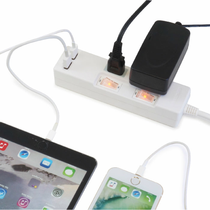USB充電ポート付電源タップ 2ポート合計2.4A出力 コンセント2口 2m 18ヵ月保証 スマホ タブレット 雷ガード コンセントタップ USBタップ【ホワイト】