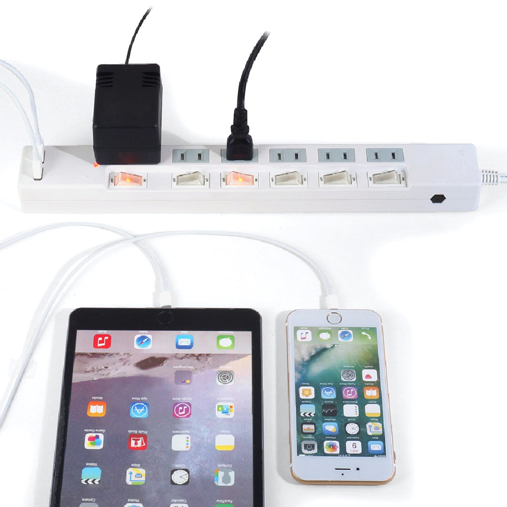 ブレーカー 雷ガード USB充電ポート付電源タップ 2ポート合計3.4A出力 コンセント6口 1m 18ヵ月保証 スマホ タブレット コンセントタップ USBタップ 延長コード【ホワイト】