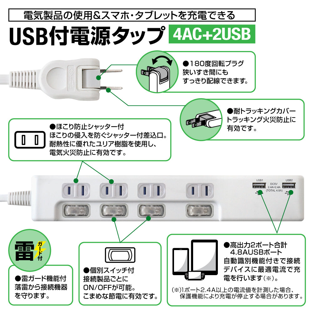 USB付電源タップ USB2ポート合計4.8A出力 雷ガード付 コンセント AC 4口 2m 18ヵ月保証 ほこり防止シャッター 個別スイッチ スマホ タブレット コンセント USBタップ 延長コード 【ホワイト】