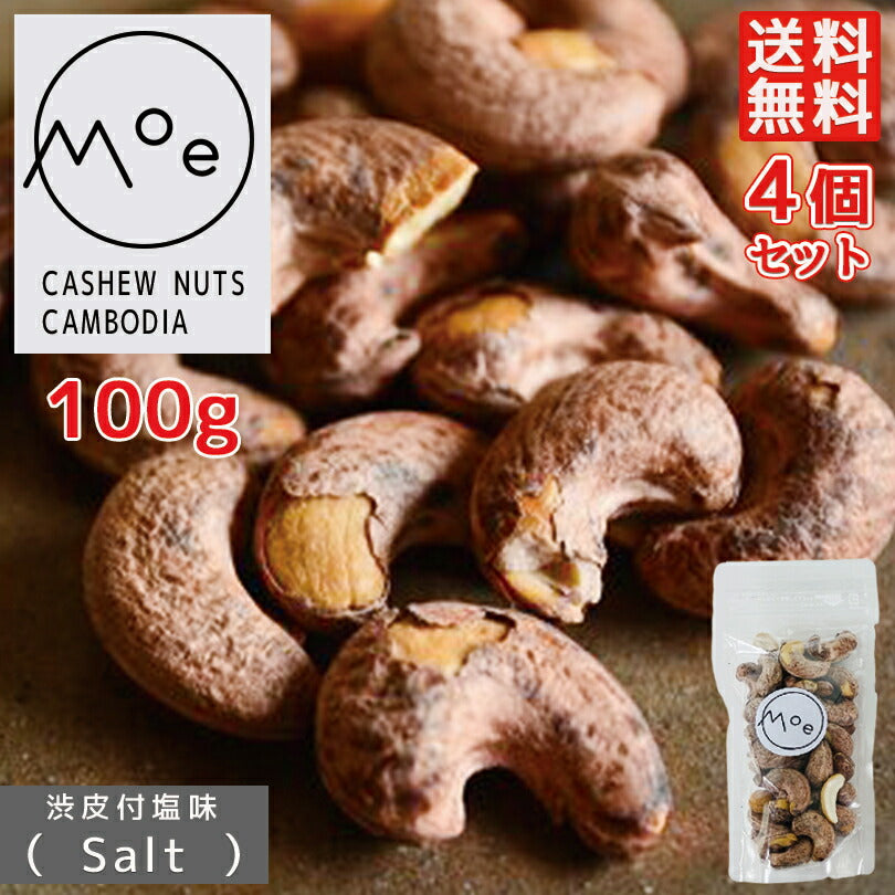 カシューナッツ 皮付き ナッツ モエ・カシュー (salt/塩味）100g×4個セット カンボジア産 送料無料 メール便 渋皮付き 塩味 酒 つまみ お土産 プレゼント ギフト 特大 ナッツ お取り寄せ
