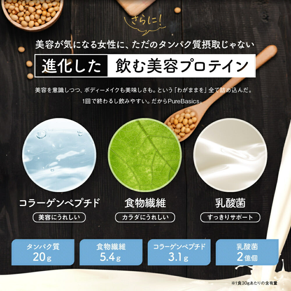 ソイプロテイン 女性 プロテイン Pure Basics ピュアベーシックス ヨーグルト味 美容 ダイエット 美容プロテイン ボディメイク 人工甘味料 不使用 保存料 着色料 無し 大豆プロテイン アスリート 筋トレ SOY PROTEIN 飲む美容液　PureBasics たんぱく質20g クーポン割引