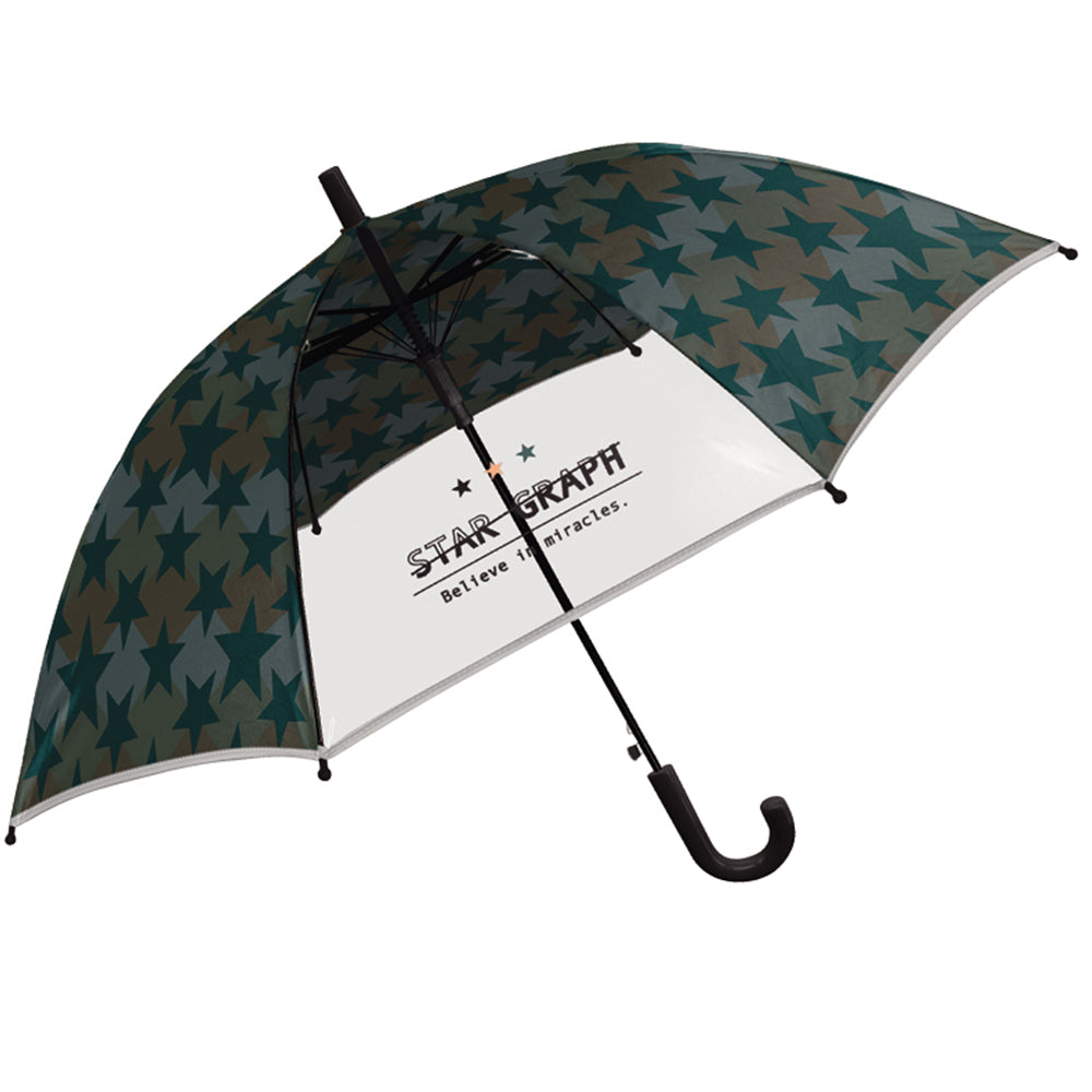 【スターグラフDGR・キッズ長傘】 長傘 キッズ 通販 反射テープ 窓付 透明 クリア 50cm アンブレラ ワンタッチ傘 ジャンプ傘 ジャンプ  ワンタッチ 男子 ジュニア 子ども こども 子供 スーパーカモフラージュ SUPER