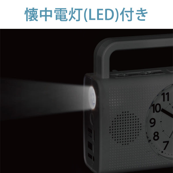 防災クロック(AM/FMラジオ/ワイドFM対応 手動発電機内蔵 携帯電話充電用出力端子USB Type-A) [4RQ001-003]