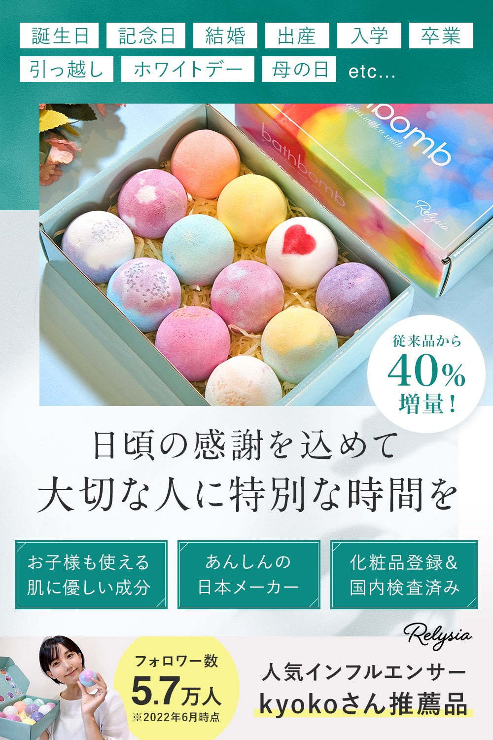 お得な2箱セット Relysia®バスボム【安心の国内検査実施済み】【12個セット×2箱】 -公式 レリシア- 入浴剤 【 ギフト で選ばれています】【 プレゼント 贈り物】 母の日 オシャレ 子供 彼女 ギフトBOX付 【インスタグラムで話題】