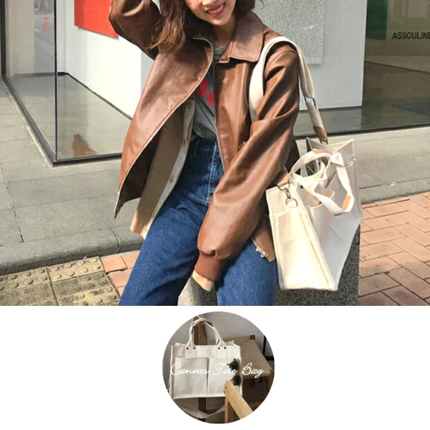【アイボリー】大容量 6ポケット キャンバス トートバッグ ２way