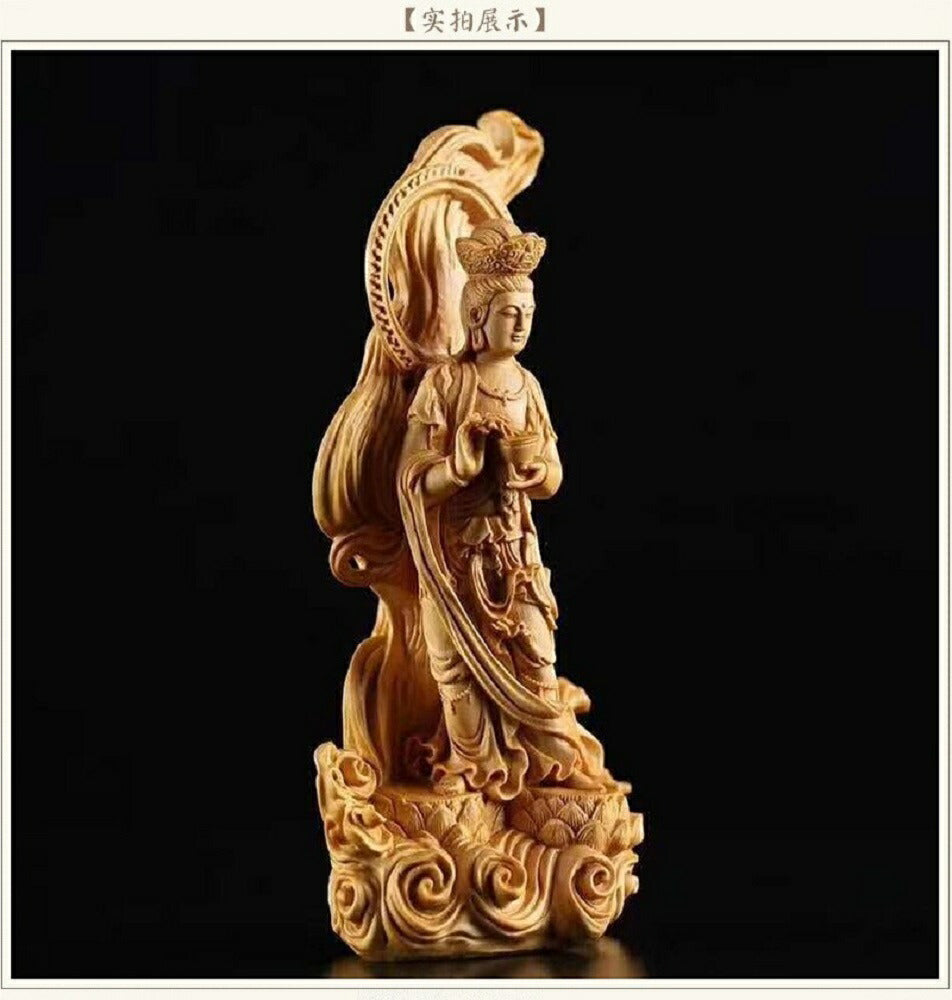 茶碗　後光　透かし背景 数珠 観音像 観音菩薩 立像 木彫り 仏像 置物 仏壇　高級天然ツゲ木彫り 透かし彫り　唐草光背 風水　風水グッズ　金運　プレゼント 贈り物 開店祝い 開店 お店 ショップ 会社