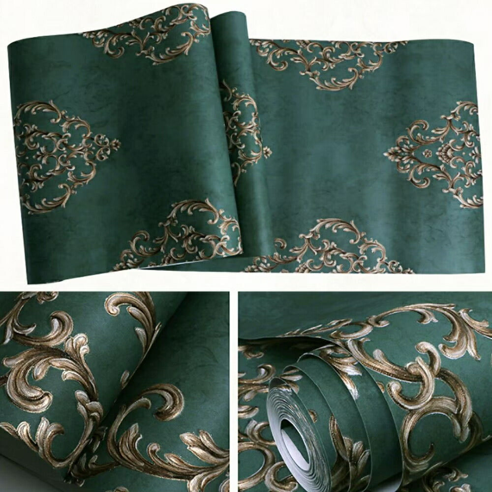 壁紙 ダマスク柄 グリーン 緑 53cm×1000cm シールタイプ DIY 模様替え かわいい damask クロス 補修 ラグジュアリー 北欧 賃貸壁紙 背景 プレゼント シンプル ベッドルーム リビング 防音 リメイク リフォーム シート