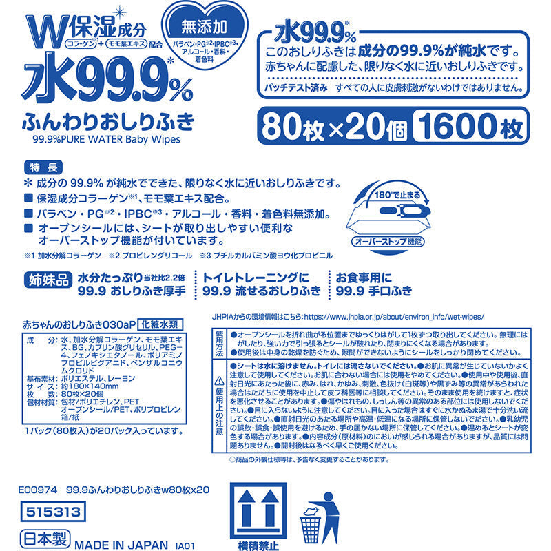 【ブラックフライデー大人数】純水99.9％ ベビー用 ふんわり おしりふき 80枚×20個 (1,600枚)【限りなく水に近く肌にやさしい】日本製【最安値に挑戦】