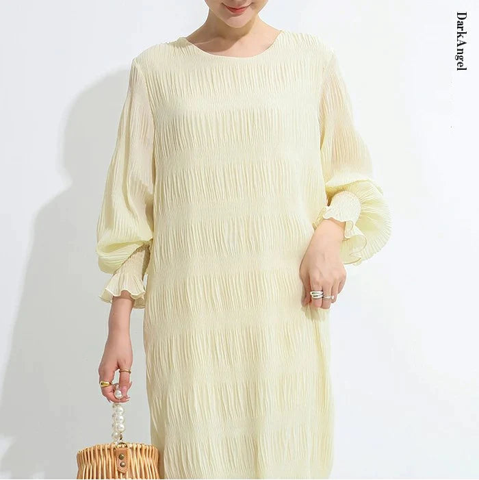 【超得ハイパーSALE】シャーリングシフォンワンピース（アイボリー/長袖/Mサイズ）