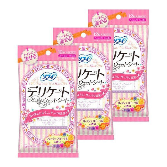 【たっぷり3個+おまけ付き！】ソフィ（ユニ・チャーム）デリケートウェットティッシュ 生理用品 ソフィ フローラルの香り 12枚入り