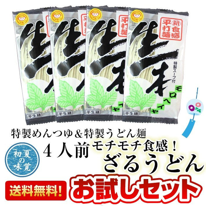 【先着30購入限定】九州熟成半生ざるうどん！専用めんつゆ付き！4人前セット 平打ち麺 ビタミン豊富なモロヘイヤ入り♪