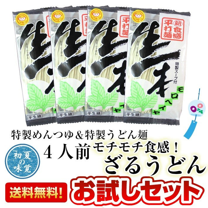 【3人シェア買いでお得】九州熟成半生ざるうどん！専用めんつゆ付き！4人前セット 平打ち麺 ビタミン豊富なモロヘイヤ入り♪