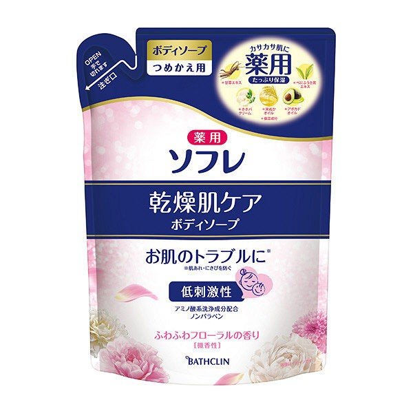 【おまけ付き！】薬用ソフレ 乾燥肌ケア スキンケアボディソープ 詰め替え 400ml ふわふわフローラルの香り バスクリン
